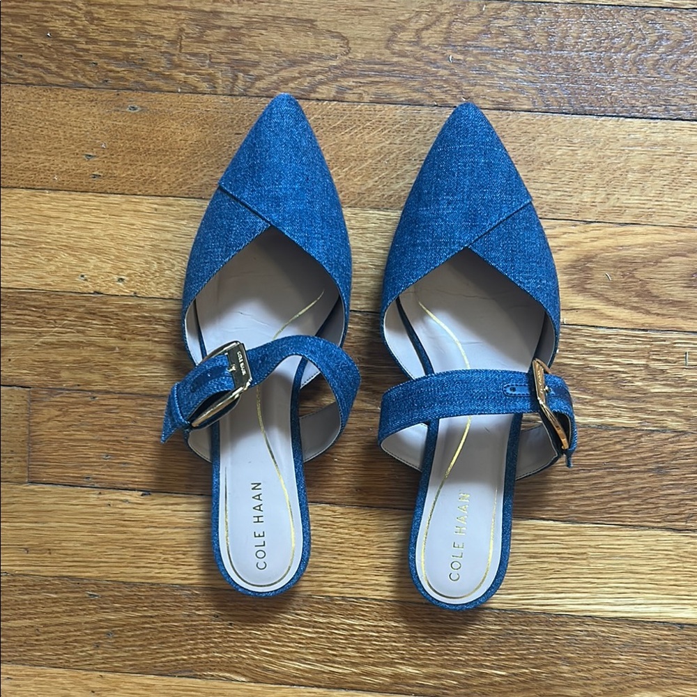 Cole Haan Women's Denim Blue Mules with Gold Buckle
